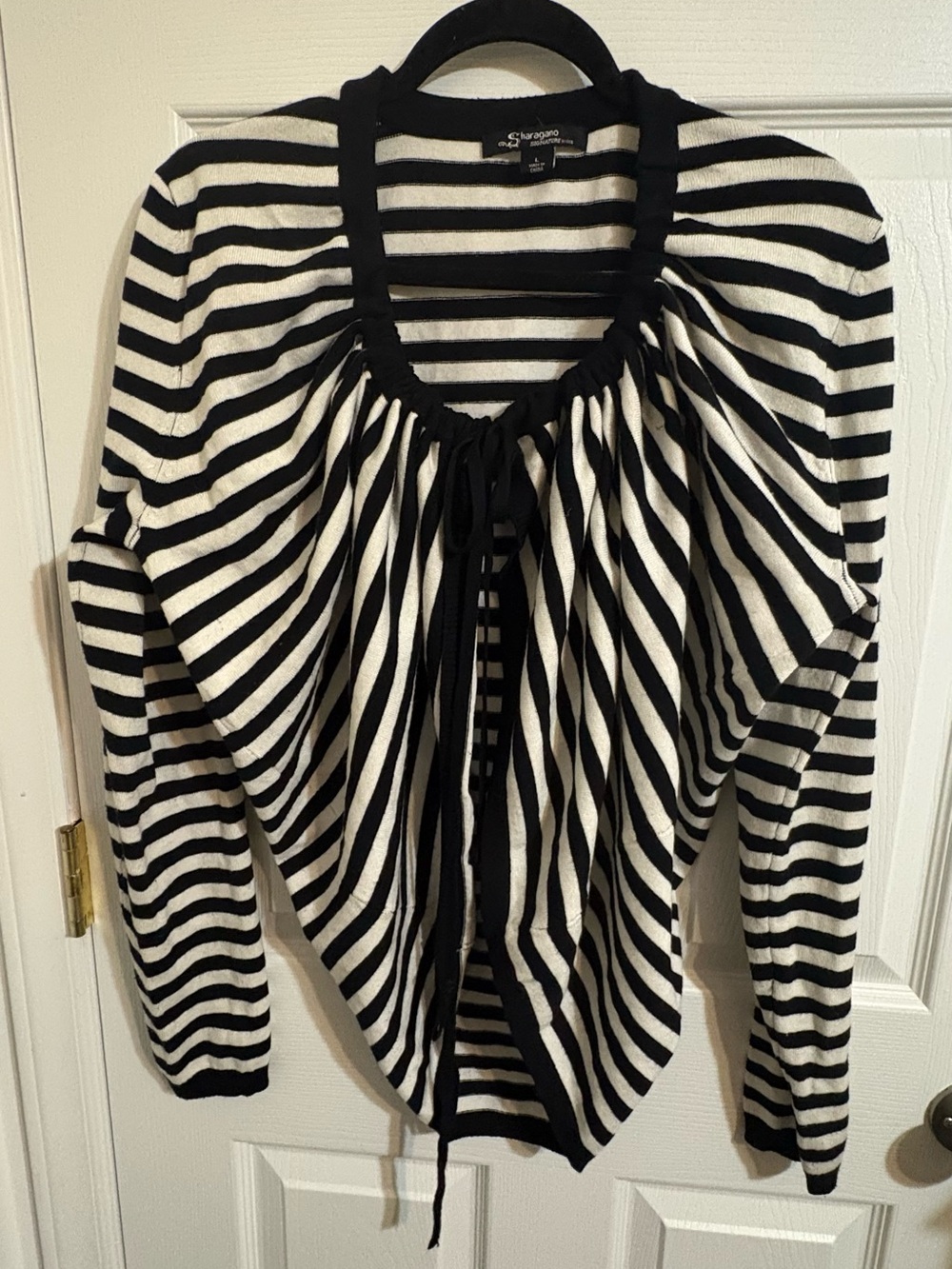 SHARAGANO Black and White Striped Tie-Front Cardigan
